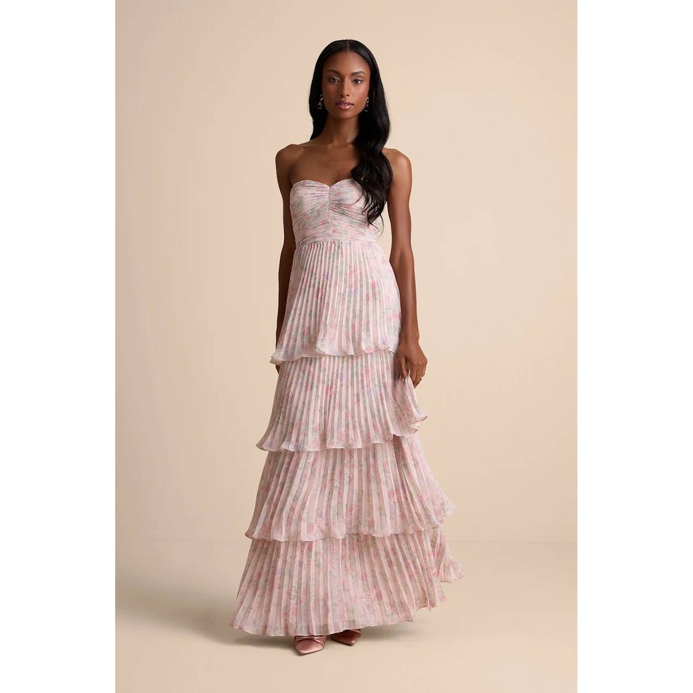 Lulus Seriously Sensational Blush Floral Strapless Tiered Maxi Dress Small